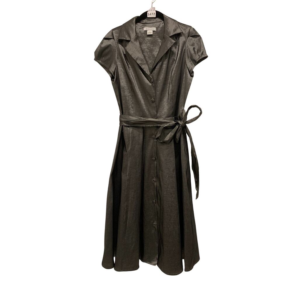 Liz Claiborne women's Gray Wrap Dress, 12, Cap Sleeves, Knee-Length